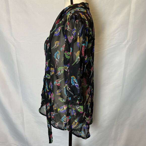 Uttam Boutique Sheer Blouse Size Medium Colorful Bird Tie Neck Button Down - Picture 10 of 15